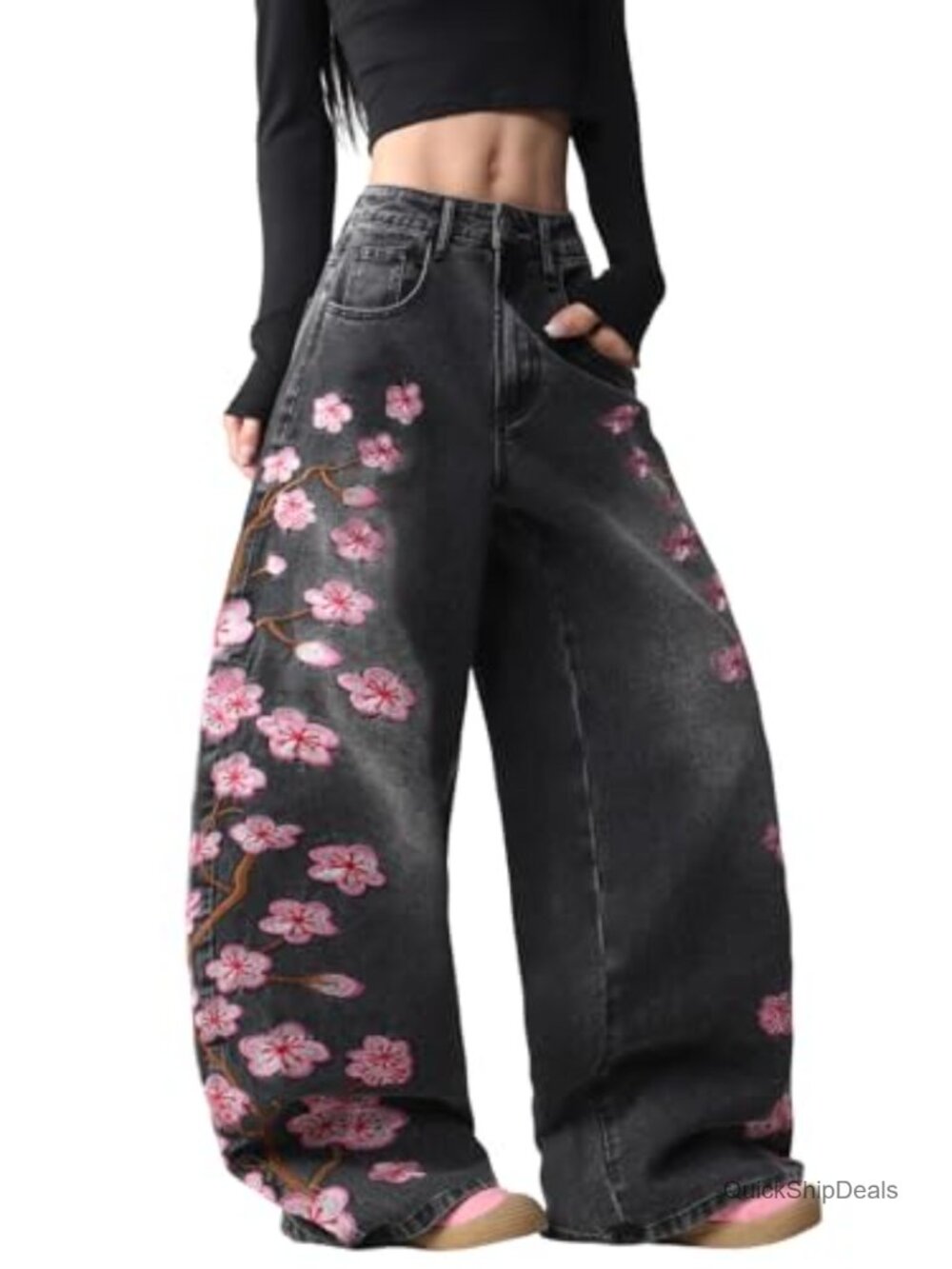 OYICAI Women's Baggy Wide Leg Jeans Y2K Floral Embroidered Denim Pants